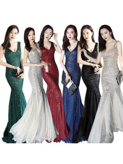 kudapy ชุดราตรีสีแดงไวน์/สีกรมท่า/สีดำ/สีทอง/สีเทาเงิน/สีเขียว เดรสคอวีแขนกุดทรงหางปลา ผ้ากากเพชร สวยหรูแพง งานอลัง ชุดออกงาน ชุดไปงานแต่งงาน