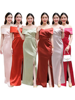 kudapy เดรสยาวสีฟ้า/สีขาว/สีน้ำตาล/สีแดง/สีทอง/สีชมพู/สีเทา/สีกรม/สีเขียวอมเทา/สีส้มอิฐ ผ้าดัชเชสอัดกาว เปิดบ่า ไขว้อก ผ่าหน้าขา sexy เล็กๆ ซิปหลังใส่ง่าย