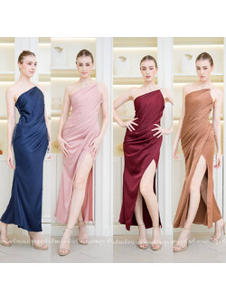 kudapy เดรสยาวสีน้ำตาลอิฐ/สีเลือดหมู/สีกรม/สีชมพูอ่อน ชุดราตรีไหล่เบี่ยงแต่งสายเพชรคู่