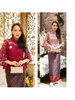 kudapy ชุอเซทเสื้อลูกไม้+ผ้าถุง เสื้อผ้าใยบวบผสมเลื่อมเกรดพรีเมี่ยมสีแดงไวน์/สีชมพูกะปิ ซิปหลัง มีซับทั้งตัว