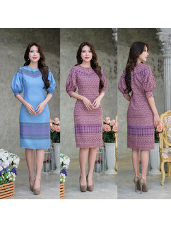 kudapy เดรสสั้นสีม่วงเปลือกมังคุด/สีฟ้า ลายไทย งานพิมพ์ผ้าลายสวย ผ้าเนื้อนิ่มใส่สบาย ดีไซน์แขนพองบอลลูนแต่รุ่นนี้เราจั้มปลายแขนทรงแขนจะพองสวยมาก