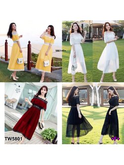 kudapy เดรสตัวยาวสีขาว ชมพู ดำ แดง เหลือง สายเดี่ยว2เส้น ดีไซน์ปาดไหล่ ผ้าชีฟอง ปาดไหล่ลูกไม้ถักทออย่างละเอียด