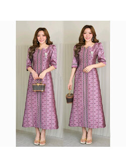 kudapy เดรสยาวสีม่วงผ้าฝ้ายแกมไหมทอลายมัดหมี่เกสร อัดกาวทั้งชุด