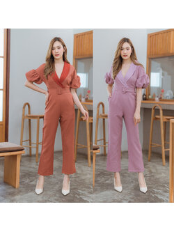 kudapy จั้มสูทขายาวสีชมพู/สีน้ำตาล คอปกแขนตุ๊กตากางเกงขายาวบาน