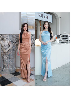 kudapy เดรสยาวสีฟ้า/สีน้ำตาลอิฐ ชุดราตรีแต่งคล้องคอสายเพชร งานสวย งานพรีเมี่ยมคัตติ้งเนี๊ยบ มีซับในเกรดเอ งานซิปหลัง