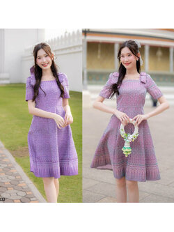 kudapy เดรสสั้นสีชมพู/สีม่วง ผ้าไทยโบว์ไหล่ทรงบาน ใส่ออกงานสวยดูดี