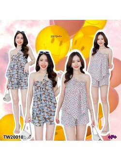 kudapy Set 2 ชิ้น เซทเสื้อเกาะอก+กางเกงขาสั้นเอวสูง ซิบหน้า เนื้อผ้าคอตตอลนิ่มพิมพ์ลาย