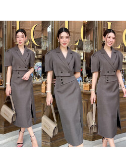 kudapy ชุดเซ็ทเสื้อครอปตัวสั้น+กระโปรงยาวคลุมเข่า แหวกด้านหน้าให้ดูสวย แอบเซ็กซี่เล็กน้อย กระโปรงป้ายผ้าด้านหน้าแต่งกระดุม