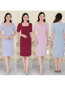 kudapy เดรสสั้นสีแดงเข้ม/สีเขียวพิตาชิโอ้/สีชมพู/สีฟ้าเบบี้บลู คอเหลี่ยม แขนสั้น ปลายแขนจีบ ช่วงตัวตีเกร็ดเอว เข้ารูป ช่วยเก็บทรงให้ดูเอวเล็ก
