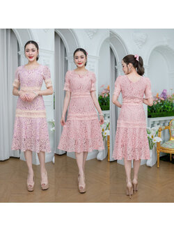 kudapy เดรสสั้นสีม่วงครีม/สีโอรส ลูกไม้ผ้าดีเนื้อนิ่ม ลายสวย ดีเทลแต่งลูกไม้คาดช่วงเอว และสะโพก ปลายแขนแต่งจั้มสวยหวาน