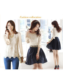 kudapy เสื้อลูกไม้ ตัวเสื้อผ้าลูกไม้สีครีมทอง ดีเทลคอกลมแต่งดอกไม้สีครีมปักมุกสีขาว แขนยาว