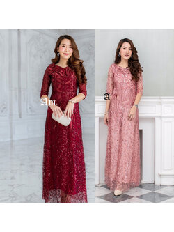 kudapy เดรสราตรีลูกไม้สวยหรูโทนสีชมพูพิ้งโกลด์/สีแดง แขนสามส่วน คอวี เนื้อผ้าลูกไม้ปักลายเย็บแต่งเลื่อมเงาทั้งชุด สวยหรูดูดีมาก