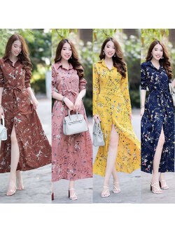 kudapyเดรสยาวสีชมพู/นา้ำตาล/เหลือง/กรม เชิ้ตแขนยาว ลายดอก งานเชิ้ตแต่งคอปกกระดุมช่วงหน้ายาว