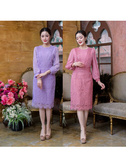 kudapyเดรสสั้นสีม่วง/สีชมพูกลีบบัวสไตล์แขนยาว ผ้าลูกไม้ช่วงกระโปรง เสื้อเป็นผ้าชิฟฟ่อนใส่สบายไม่ร้อนแต่งด้วยลูกไม้คาด
