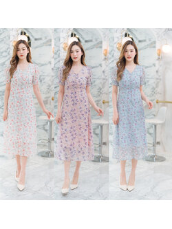 kudapy เดรสยาวสีชมพู/สีฟ้า/สีขาว ลายดอกผ้าปักสวยใส่สบายดูดีน่ารักมากๆ