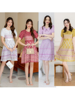 kudapy เดรสสั้นสีขาว/สีเหลือง/สีม่วงอมชมพู/สีแดง ผ้าไทยทรงบานโบว์เอว