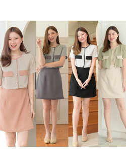 kudapy เดรสสั้นสีเบจ/สีดำ/สีเทาเข้ม/สีชานม ดีไซน์สวย ตัดต่อช่วงตัวคล้ายเชิ้ต เนื้อผ้าชาแนล กระดุมมุกแกะได้จริง แต่งกุ๊นเล่นสีทูโทน เย็บกลับซับในทั้งตัว