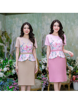 kudapy เดรสสั้นสีชมพู/สีครีมน้ำตาล ผ้าพื้นทอผสมเนื้อดี ผ้านิ่มยับยาก เนื้อผ้าเย็นใส่สบาย