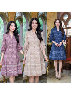 kudapy เดรสสั้นสีกรมสีม่วง/สีครีม ลายไทยลายขอ ดีไซน์คอปกกระดุมหน้างานกระดุมใช้งานได้จริงช่วงแขนเป็นงานทรงแขนบอลลูน