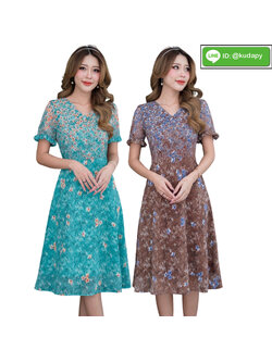 kudapy เดรสสั้นผ้าชิฟฟ่อนสีน้ำตาล สีเขียว พิมพ์ลายดอกไม้ไล่สี เดรสสั้นคอวี แขนสั้นให้ดูสวยหวานค่ะ งานผ้าพริ้วใส่สบาย