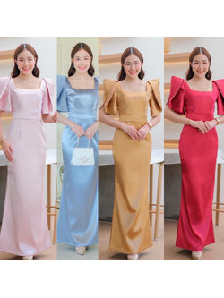 kudapy เดรสราตรียาว แขนสั้น ดีเทลแขนกลีบดอกไม้สองชั้น คอเหลี่ยม กระโปรงหางปลา ซิปหลังใส่ง่าย