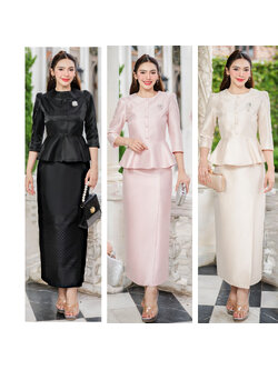 kudapy ชุดเซ็ทงานเสื้อผ้าไหมจิตรลดา คอกลม แขนทรงกระบอก แต่งกระดุมหน้า เอวระบาย อัดกาวบุซับในอย่างดี ใส่สบาย มาพร้อมซิปซ่อนหลังรูดง่าย