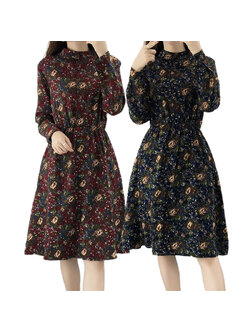 kudapy เดรสสั้นคอกลมแขนยาวสีกรมท่า สีแดงเข้ม ผ้าฝ้ายแขนยาวกระดุมหน้า เอวสม็อค พิมพ์ลายดอก จั้มเอวยืดได้เยอะ