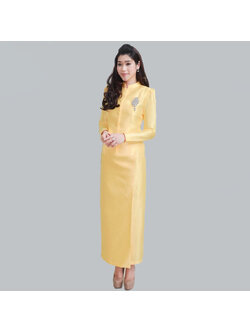 kudapy ชุดไทยจิตรลดาสีเหลืองทอง เซ็ท 2 ชิ้น เสื้อผ้าไหมกระดุมหน้า + พร้อมกระโปรงทรงสอบ
