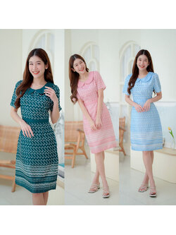 kudapy เดรสสั้นสีเขียว/สีฟ้า/สีชมพู ลายไทยคอบัว ใส่ออกงานสวยดูดี