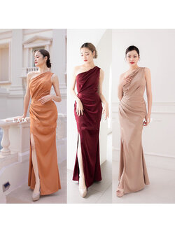 kudapy เดรสยาวสีแดง/สีน้ำตาลอิฐ/สีโอวัลติน ดีเทลจับจีบเน้นความเรียบหรู ชุดออกงาน