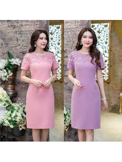 kudapy เดรสสั้นสีม่วง/สีชมพู แขนสั้นทรงใส่ง่ายเนื้อผ้านุ่มใส่สบาย ช่วงอกและแขนแต่งด้วยลูกไม้เนื้อสวยลายสวยทั้งด้านหน้าและด้านหลัง