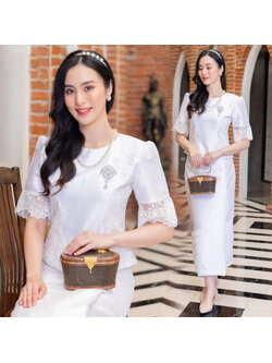 kudapy ชุดผ้าไหมแพรทิพย์สีขาว แต่งลูกไม้ฝรั่งเศส ชุดไปวัด ทำบุญ - รุ่นบัวตอง