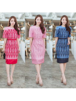 kudapy เซทผ้าไทย เสื้อคอกลมแขนสั้นสีชมพู/สีกรมท่า/สีแดง คอกลมเก็บเอวเข้ารูป ผ้าลายไทยใส่สบายสวยดูดี