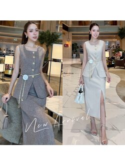 kudapy เซ็ท 4 ชิ้น เสื้อคอเหลี่ยม+ กระโปรงยาว+เข็มขัดโซ่+เข็มกลัดดอกไม้ ชุดเซ็ตกระโปรงเข้ารูป