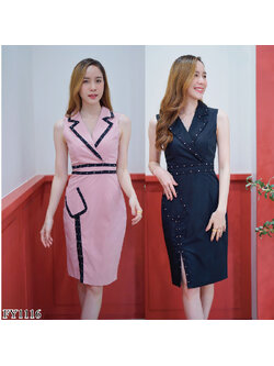 kudapy เดรสสั้นสีชมพู/สีดำ แขนกุดปกสูทกระโปรงปาดหน้าสวยใส่สบายดูดีมากๆ