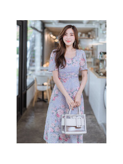 kudapy เดรสสั้นคอเหลี่ยมสีม่วง ผ้าฉลุลายดอกกุหลาบ ใส่สบายดูดี S