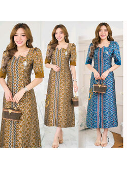 kudapy เดรสยาวสีน้ำตาล/สีฟ้าเข้ม ผ้าไหมทอลายมัดหมี่เกสร ตัวนี้ใช้ผ้า4 หลาค่ะ จับลายต่อใหม่ให้ดูโดดเด่นมากขึ้น
