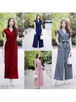 kudapy จั้มสูทขายาว แขนกุดเนื้อผ้าลินินสีพื้น ช่วงเอวแต่งไขว้ มีเชือกผูกโบว์ที่เอว