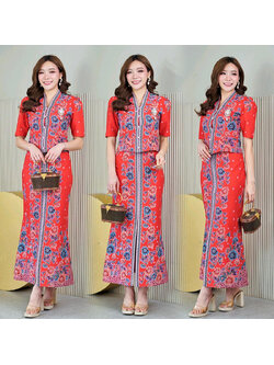kudapy ชุดเซ็ทสีส้มแดง เนื้อผ้า ผ้าคอตตอนพิมพ์ลายปาเต๊ะ สีสดใส ลายสวย ผ้าไม่บางใส