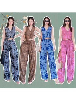 kudapy Set 2 ชิ้น เสื้อครอปคอวี + กางเกงขายาว เซต 2ชิ้นเสื้อ+กางเกง Summer เที่ยวทะเล