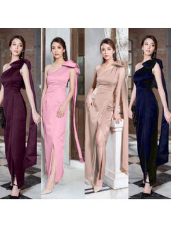 kudapyเดรสยาวสีแดง/ชมพู/กรมท่า/ครีม ไหล่เดี่ยว แต่งโบว์ 1 ข้าง ปล่อยสไบยาว สวยๆ กระโปรงด้านหน้าแต่งไขว้ งานเนื้อผ้าซาร่า ซิปหลัง
