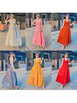 kudapy แม็กซี่เดรสสีขาว ส้มอิฐ แดง เทา เหลือง ชมพู คล้องคอผูกโบว์ ผ้าโฟร์เวย์สีพื้น เอวสม็อคหลัง งานสวยสวิงพริ้วๆ