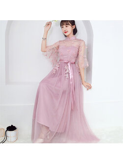 kudapy เดรสราตรียาวออกงานสีถั่วแดงกะปิ ชุดราตรีคอจีน