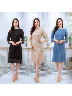 kudapy ชุดเดรสคอป้าน แขนยาวสามส่วนสีฟ้าคราม /สีดำ /สีทอง เดรสปักเลื่อมกากเพชร ทรงเอเข้ารุป งานซับใน ซิบหลัง