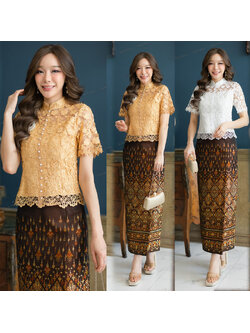 kudapy งานเสื้อลูกฝรั่งเศสทอแน่นสีขาว/ทอง คอจีนแต่งแต่งมุก งานมัซับในมาพร้อมซิปซ่อนหลังแบบเลยมีกระดุมติด (เฉพาะเสื้อ)