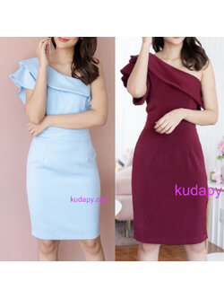 kudapy เดรสสั้นไหล่เดี่ยวสีกรมท่า,สีแดงไวน์ ,สีโอรส,สีฟ้า ผ้าฮานาโกะ เดรสสั้นออกงาน