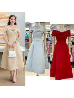 kudapy เดรสสั้นสีแดง/สีทอง/สีเทา ไหล่เดี่ยว กระโปรงทรงทิวลิป แต่งชายผ้าพริ้ว มีซับกระโปรงสั้นด้านใน