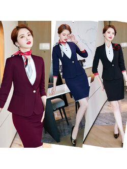 kudapy ชุดสูททำงานผู้หญิงสีดำ/สีกรม/สีแดงไวน์อบม่วง ปกสูงแต่งกระดุมพร้อมกระโปรง