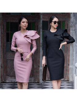 kudapy เดรสออกงานเเขนยาว 5 ส่วน ระบายไหล่จีบดอกกุหลาบสีดำ/สีชมพู สวยปัง มากคะ ใส่ออกงาน ทำงานได้ เรียบหรูดูเเพง สาวๆ อย่าพลาดกันนะจ๊ะ