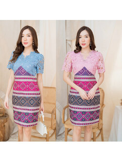 kudapy เซท 2 ชิ้น เสื้อลูกไม้แขนสั้นสีฟ้า/สีชมพู กระโปรงผ้าลายไทย เดรสทรงเอใส่สบาย